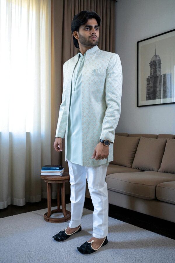 Men’s Sky Blue Embroidered Indo Western Set – Stylish & Comfortable Suiting Fabric Outfit - Image 4