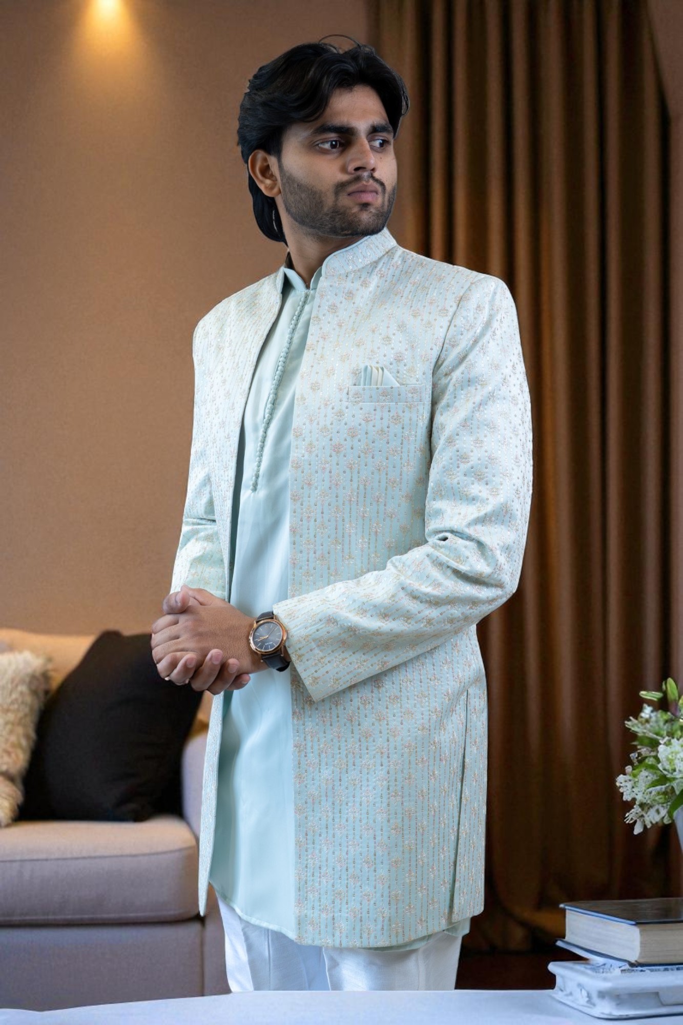 Men’s Sky Blue Embroidered Indo Western Set – Stylish & Comfortable Suiting Fabric Outfit