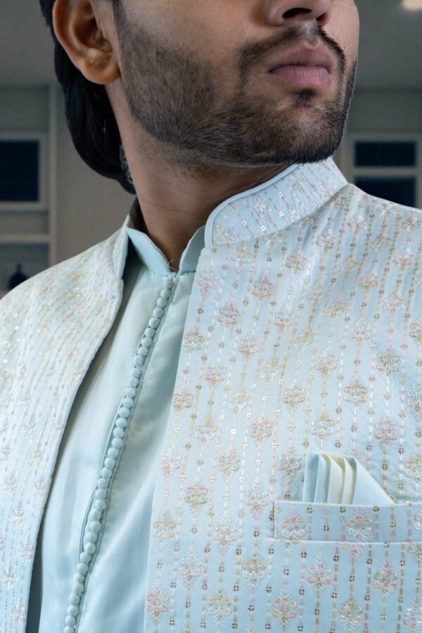 Men’s Sky Blue Embroidered Indo Western Set – Stylish & Comfortable Suiting Fabric Outfit - Image 5