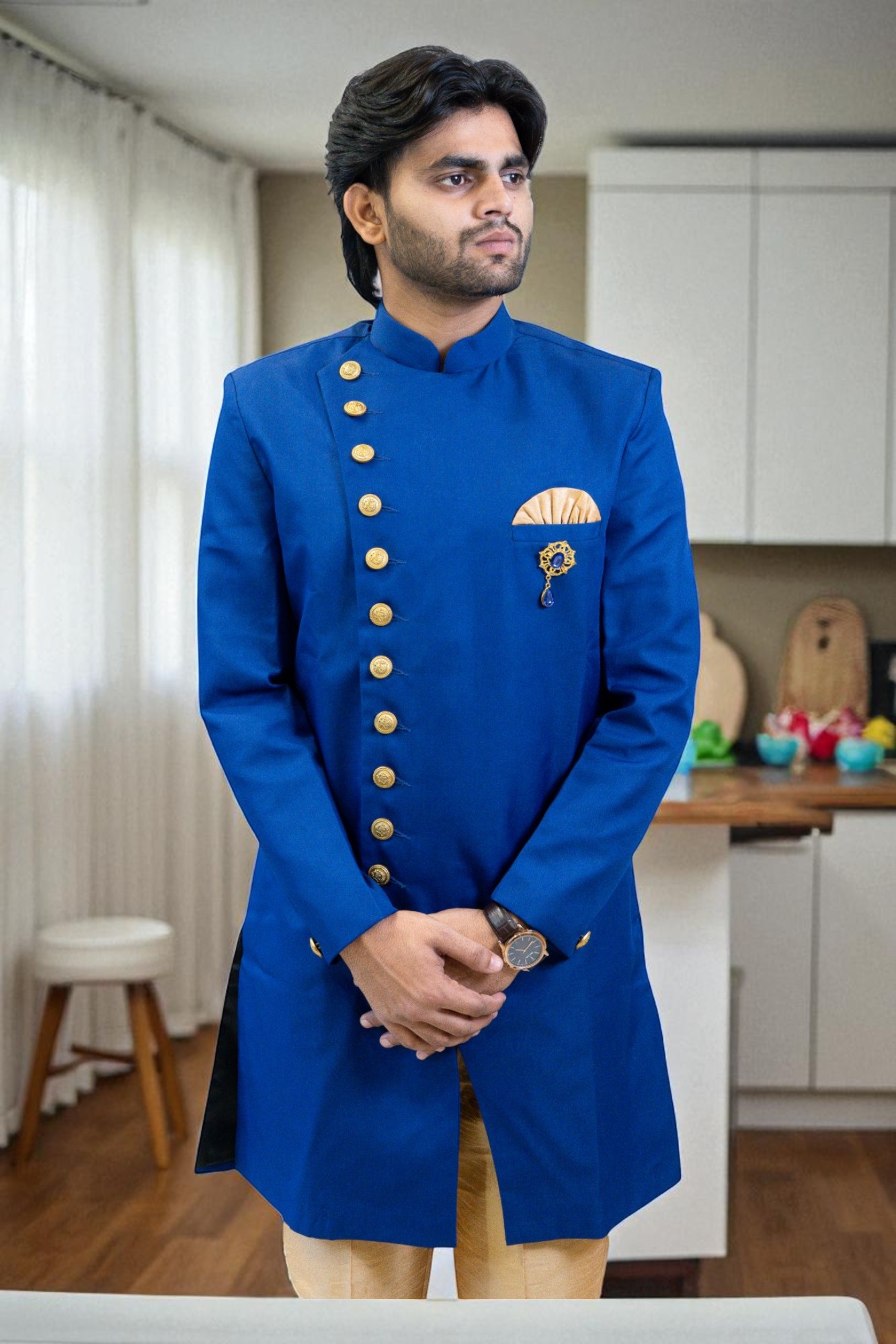 Men’s Plain Blue Cotton Indo Western Set