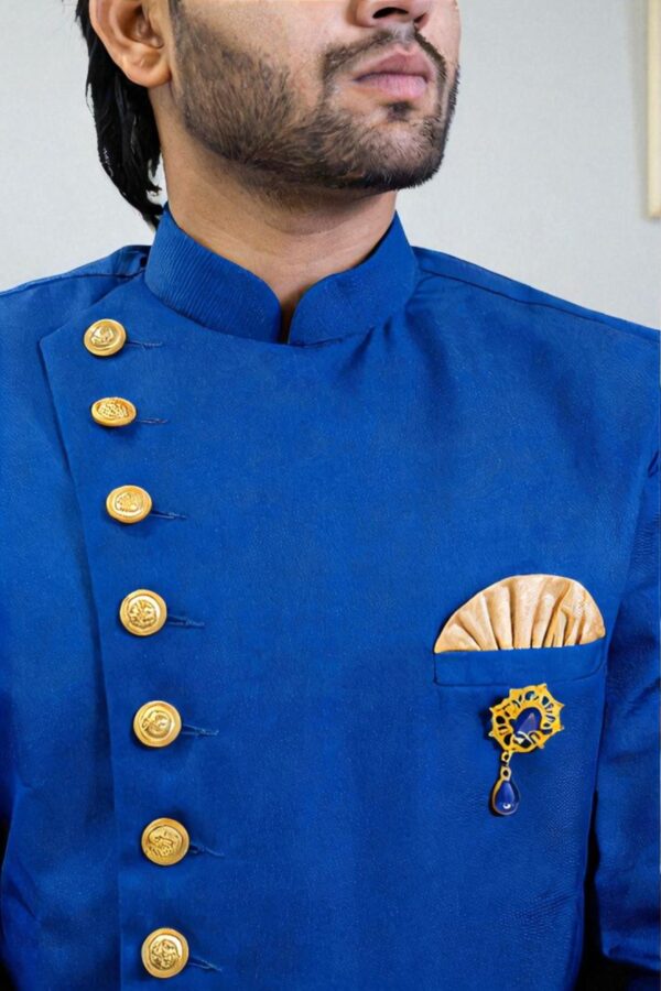 Men’s Plain Blue Cotton Indo Western Set - Image 3