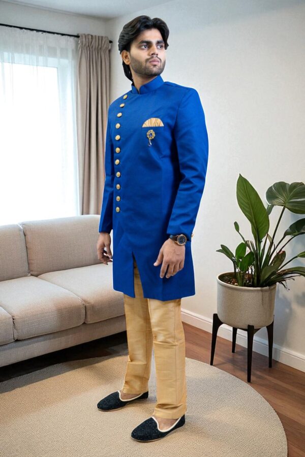 Men’s Plain Blue Cotton Indo Western Set - Image 4