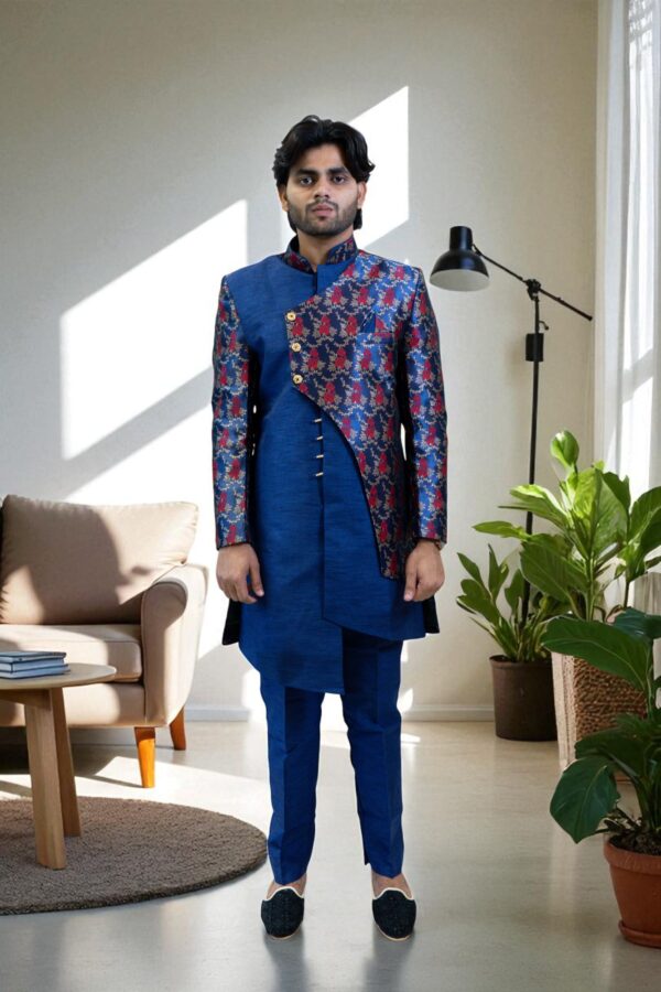 Men’s Navy Blue & Red Printed Silk Indo Western Set - Image 2