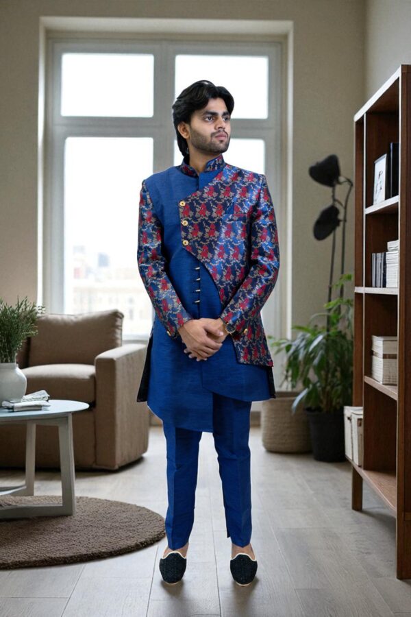Men’s Navy Blue & Red Printed Silk Indo Western Set - Image 3