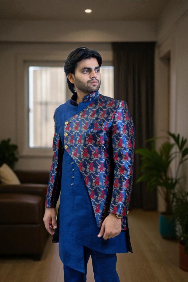 Men’s Navy Blue & Red Printed Silk Indo Western Set