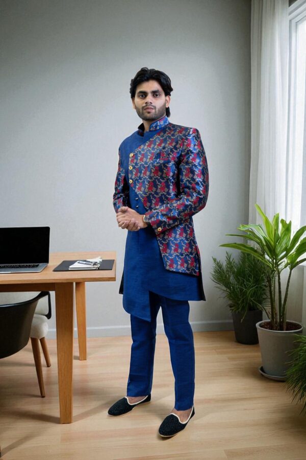Men’s Navy Blue & Red Printed Silk Indo Western Set - Image 4
