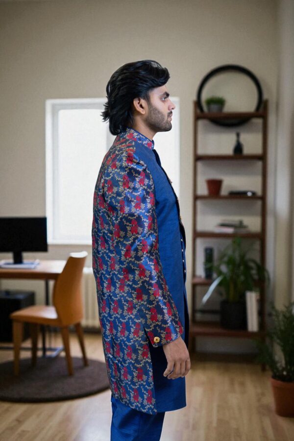 Men’s Navy Blue & Red Printed Silk Indo Western Set - Image 5
