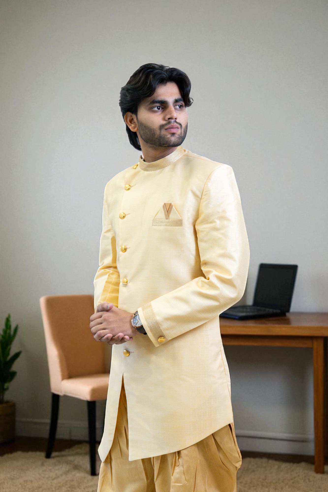 Golden Color Indo Western Suit for Men – Stylish Party & Wedding Wear