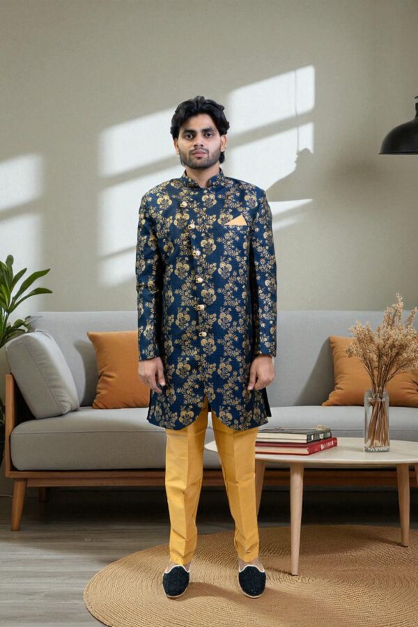 Navy Blue Golden Printed Indo Western Suit for Men – Elegant Occasion Wear - Image 2