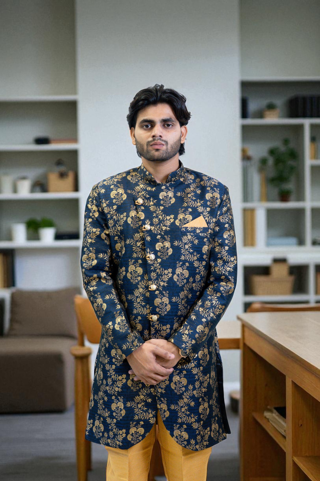 Navy Blue Golden Printed Indo Western Suit for Men – Elegant Occasion Wear