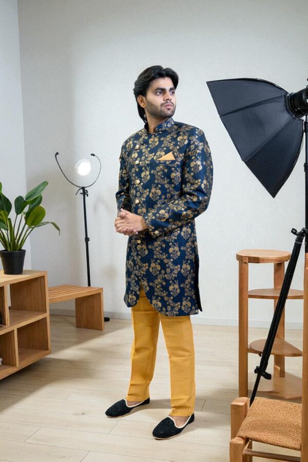 Navy Blue Golden Printed Indo Western Suit for Men – Elegant Occasion Wear - Image 3