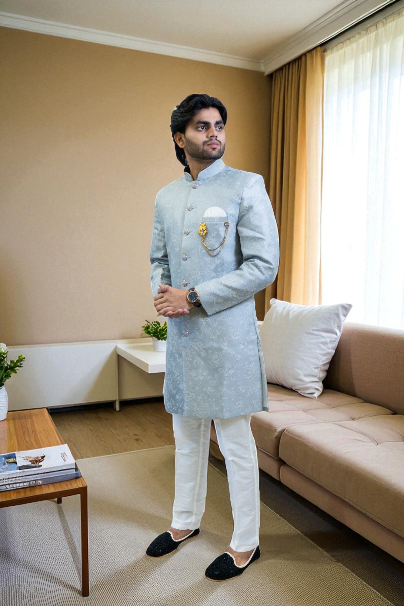 Sky Blue Indo Western Suit for Men – Stylish Party & Occasion Wear