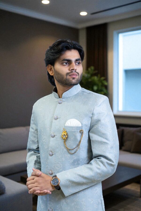 Sky Blue Indo Western Suit for Men – Stylish Party & Occasion Wear - Image 3