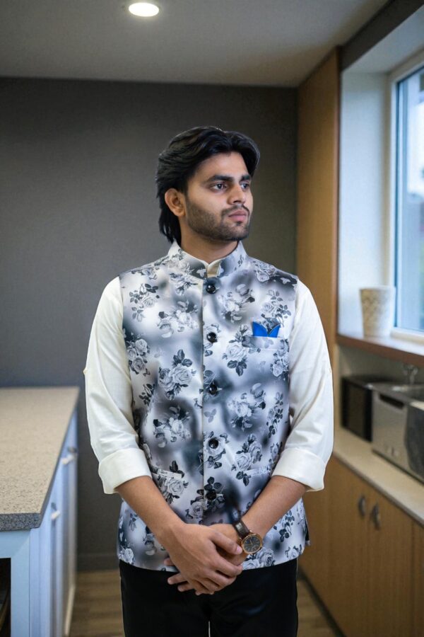  Men's White and Grey Floral Print Nehru Jacket - Image 2