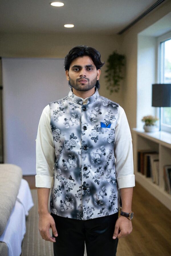  Men's White and Grey Floral Print Nehru Jacket