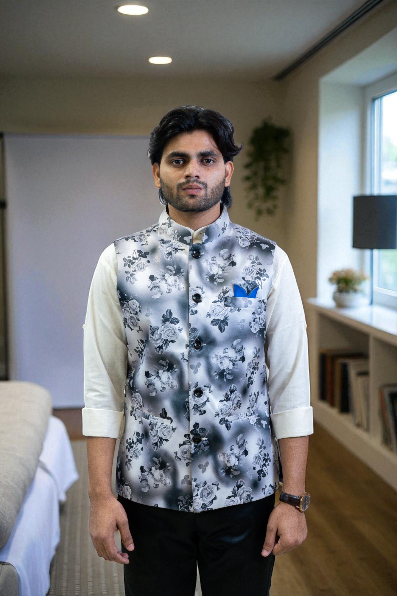  Men's White and Grey Floral Print Nehru Jacket