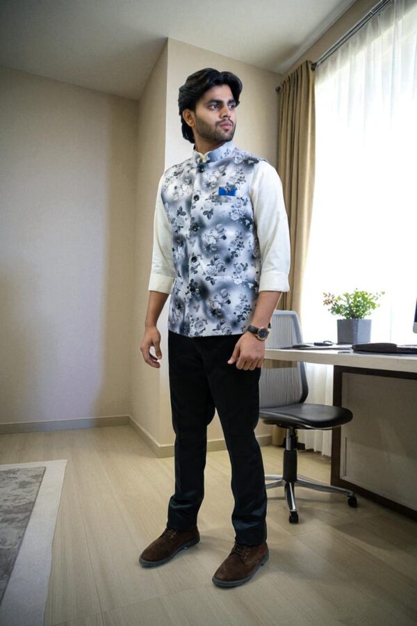  Men's White and Grey Floral Print Nehru Jacket - Image 3