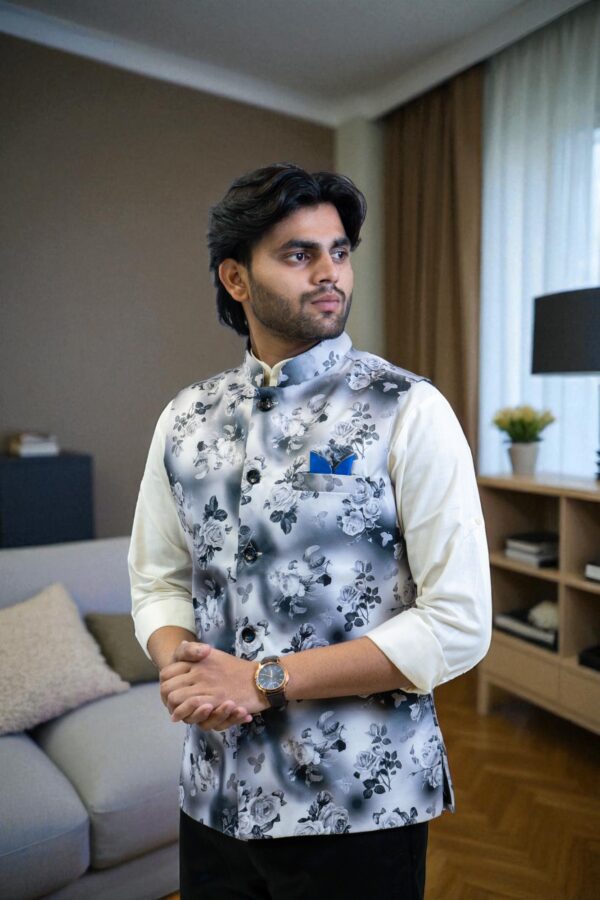  Men's White and Grey Floral Print Nehru Jacket - Image 4