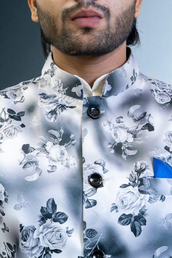  Men's White and Grey Floral Print Nehru Jacket - Image 5