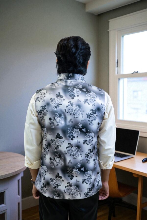  Men's White and Grey Floral Print Nehru Jacket - Image 7