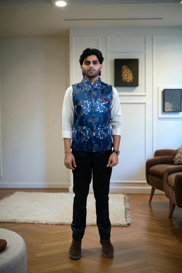 Navy Blue and White Floral Modi Jacket for Men - Image 2