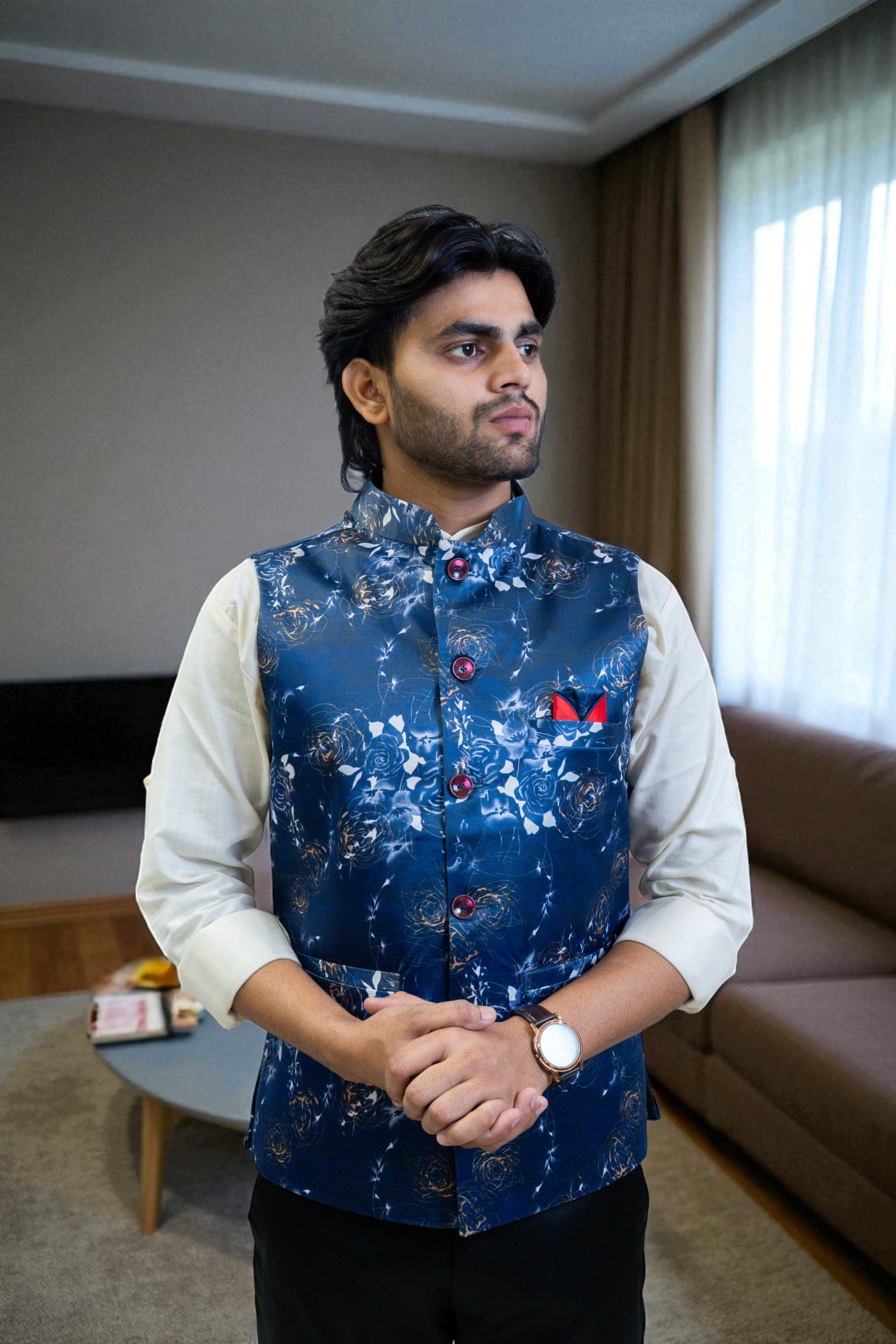 Navy Blue and White Floral Modi Jacket for Men