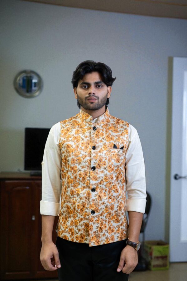 Men’s Yellow and Orange Floral Nehru Jacket - Image 6