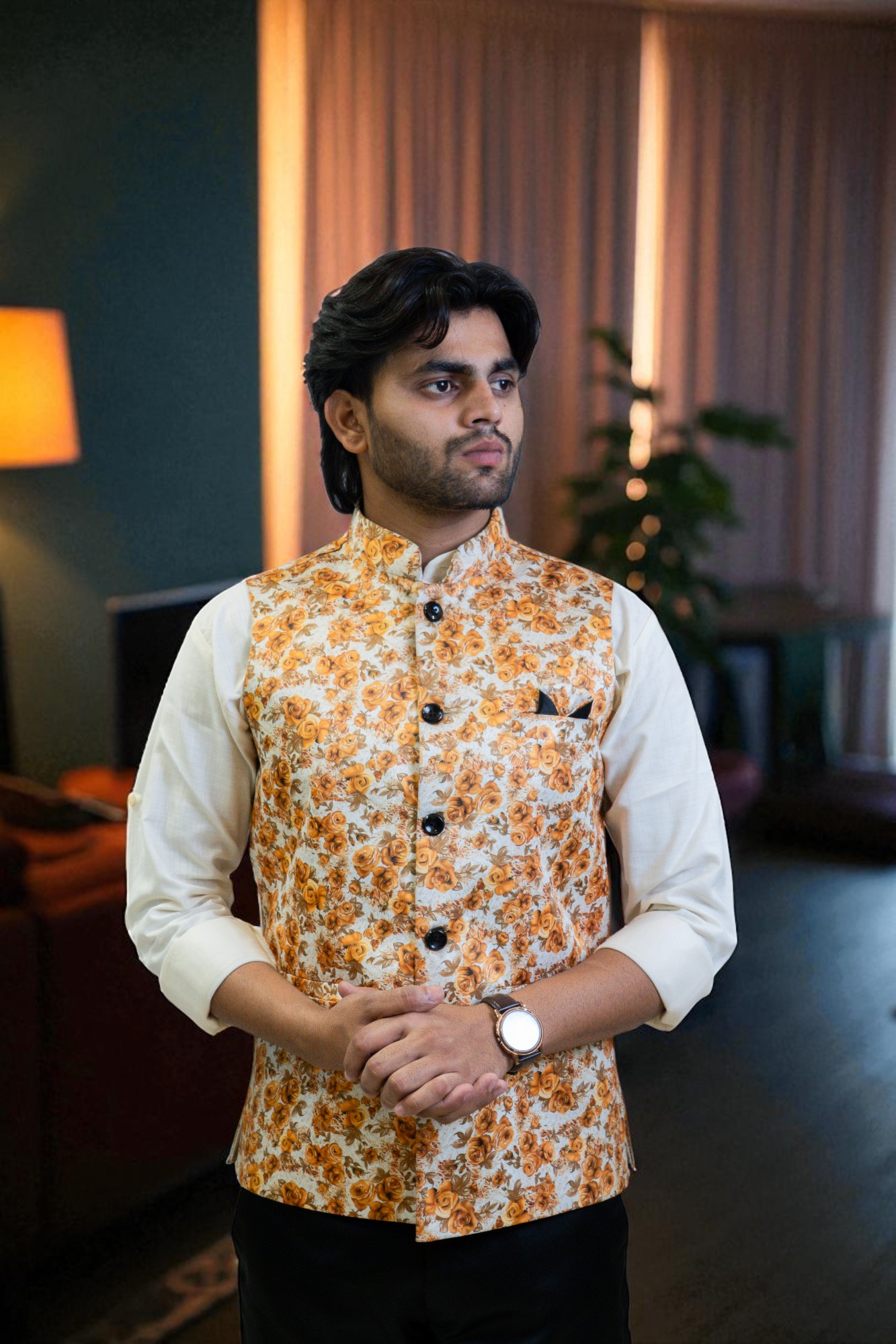 Men’s Yellow and Orange Floral Nehru Jacket