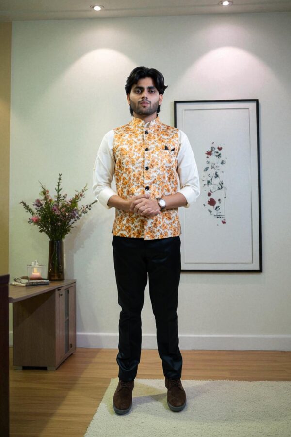 Men’s Yellow and Orange Floral Nehru Jacket - Image 2