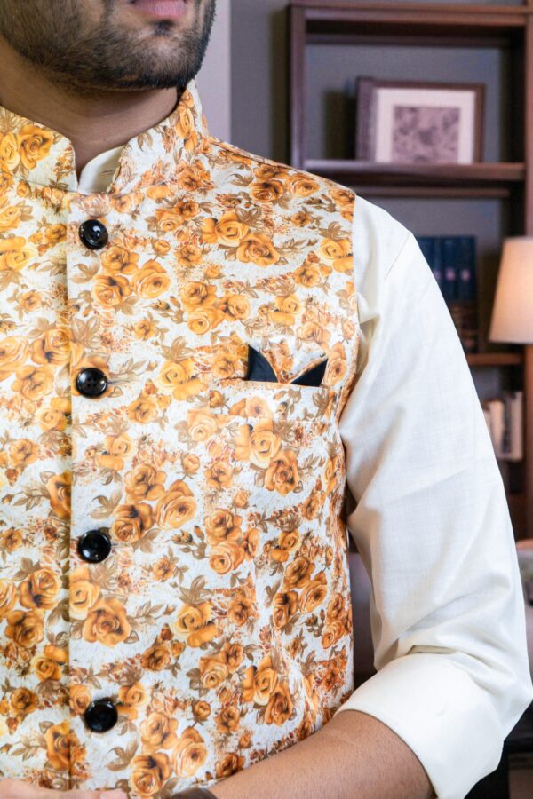 Men’s Yellow and Orange Floral Nehru Jacket - Image 4