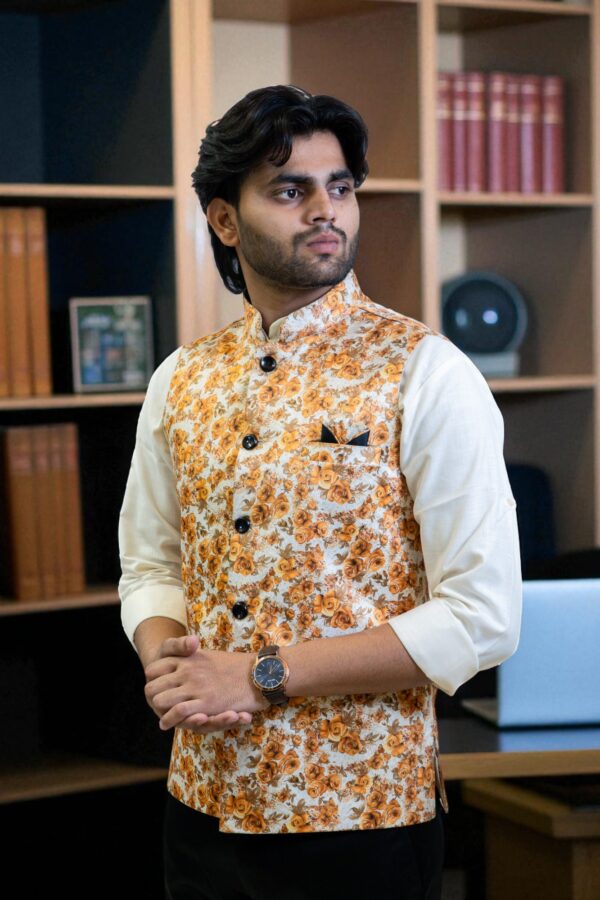 Men’s Yellow and Orange Floral Nehru Jacket - Image 3