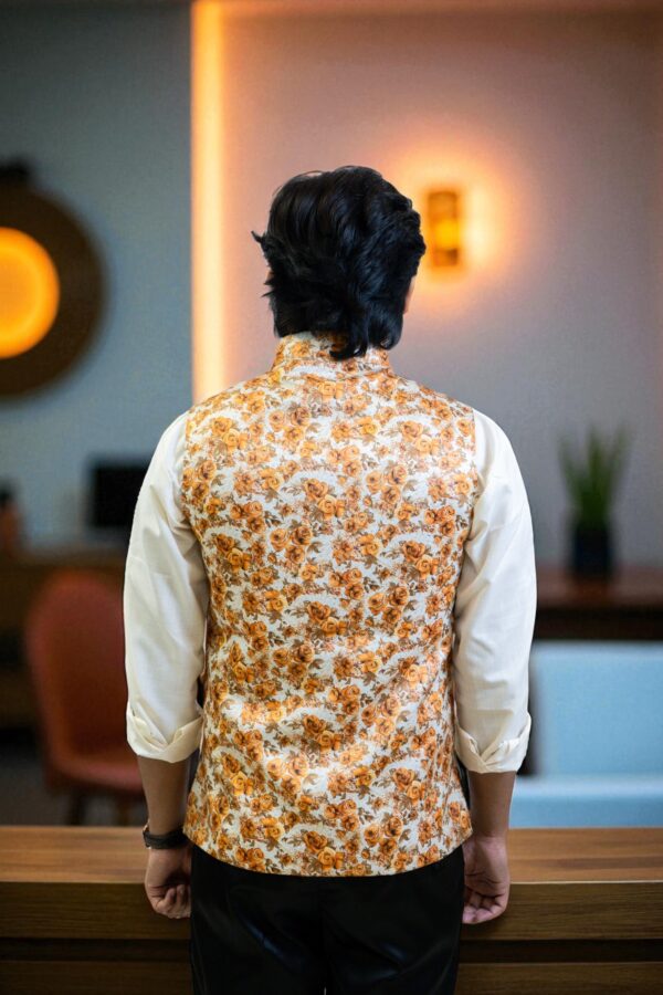 Men’s Yellow and Orange Floral Nehru Jacket - Image 5