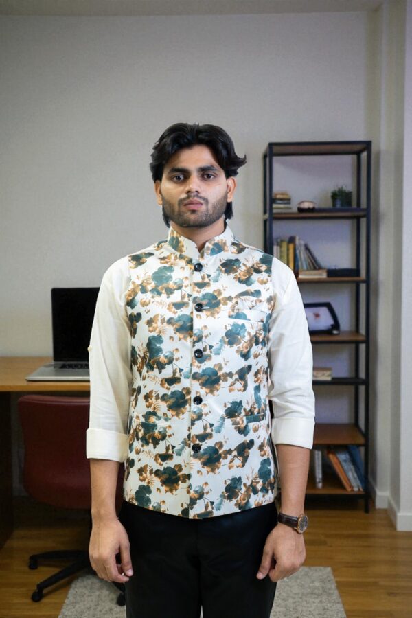 Men’s White and Grey Floral Print Nehru Jacket – Stylish & Modern - Image 2