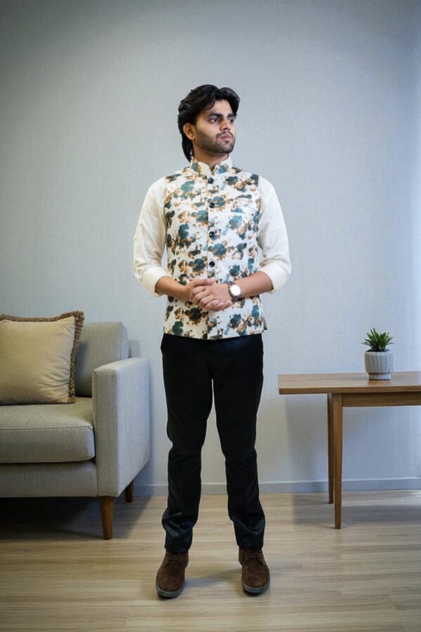 Men’s White and Grey Floral Print Nehru Jacket – Stylish & Modern - Image 3