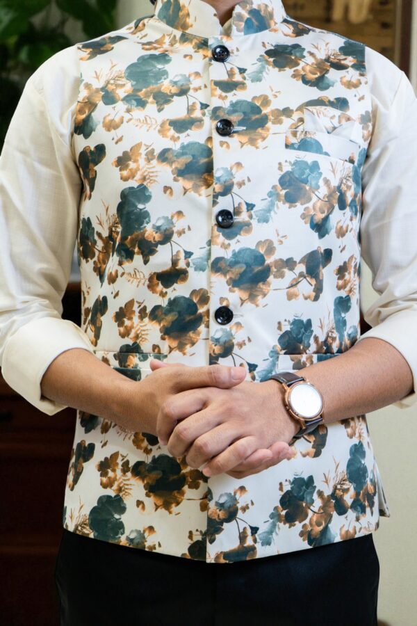 Men’s White and Grey Floral Print Nehru Jacket – Stylish & Modern - Image 4
