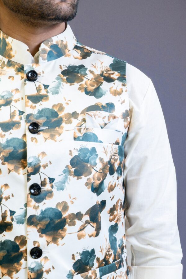 Men’s White and Grey Floral Print Nehru Jacket – Stylish & Modern - Image 5