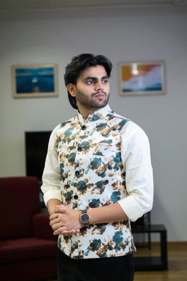 Men’s White and Grey Floral Print Nehru Jacket – Stylish & Modern