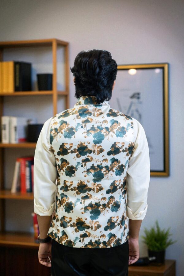Men’s White and Grey Floral Print Nehru Jacket – Stylish & Modern - Image 6