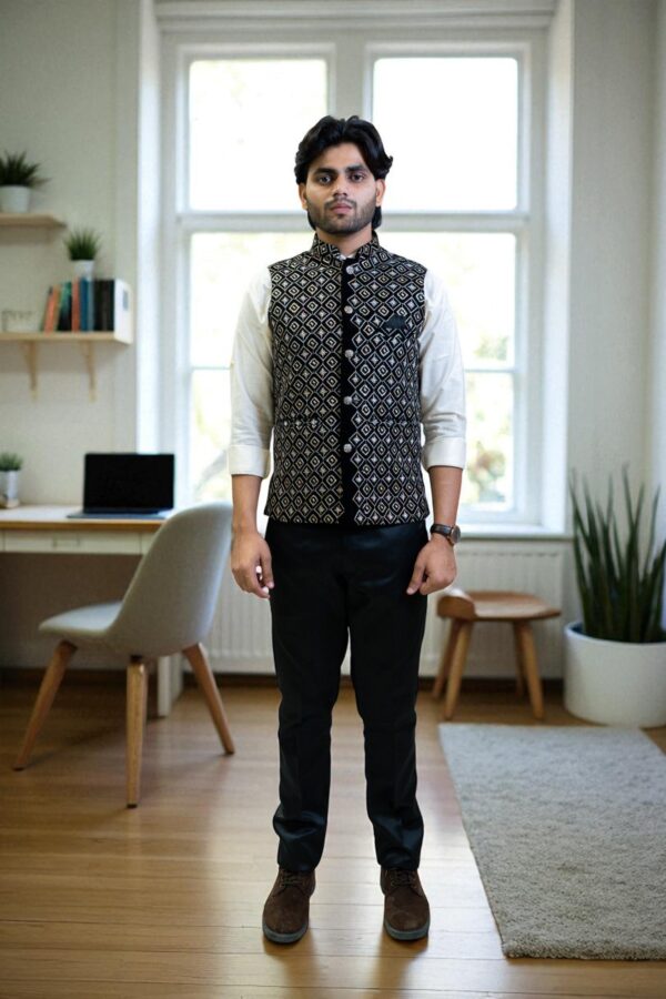 Elegant Black and Gold Geometric Nehru Jacket - Image 3