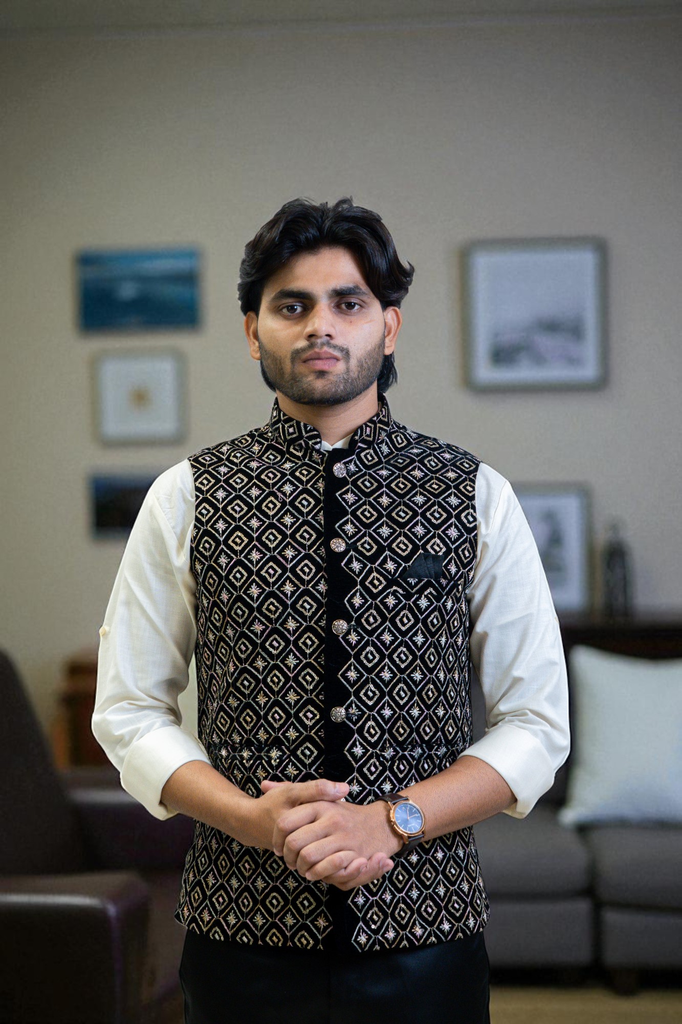 Elegant Black and Gold Geometric Nehru Jacket