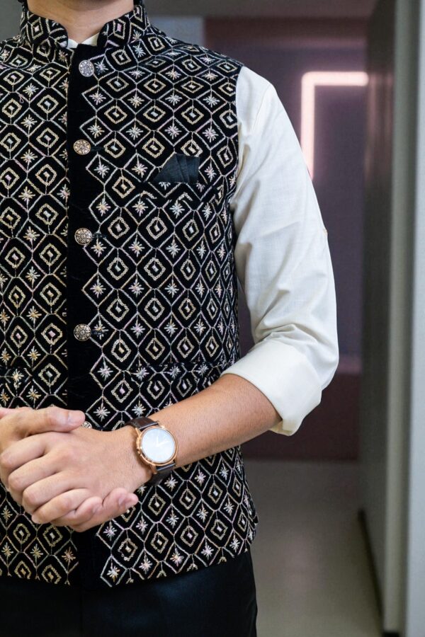 Elegant Black and Gold Geometric Nehru Jacket - Image 4