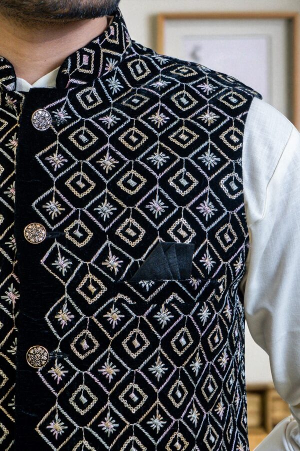 Elegant Black and Gold Geometric Nehru Jacket - Image 6