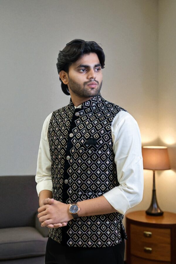 Elegant Black and Gold Geometric Nehru Jacket - Image 2
