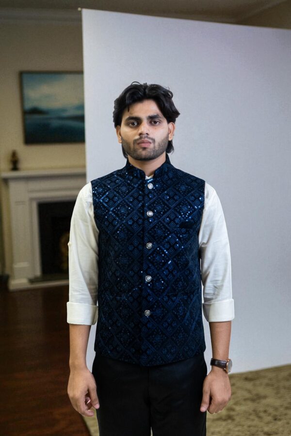 Men’s Navy Velvet Nehru Jacket with Sequin Embroidery – Elegant & Stylish - Image 3