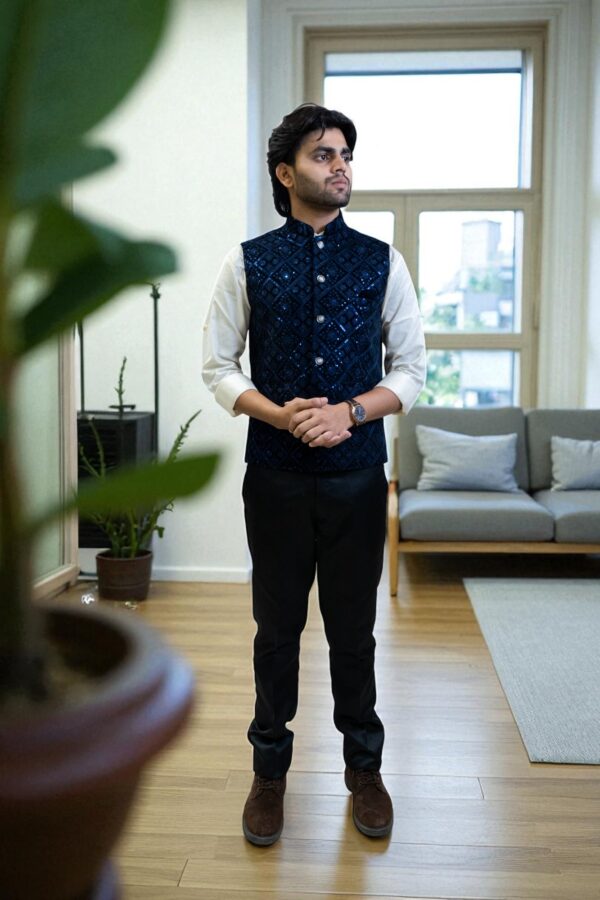 Men’s Navy Velvet Nehru Jacket with Sequin Embroidery – Elegant & Stylish - Image 2