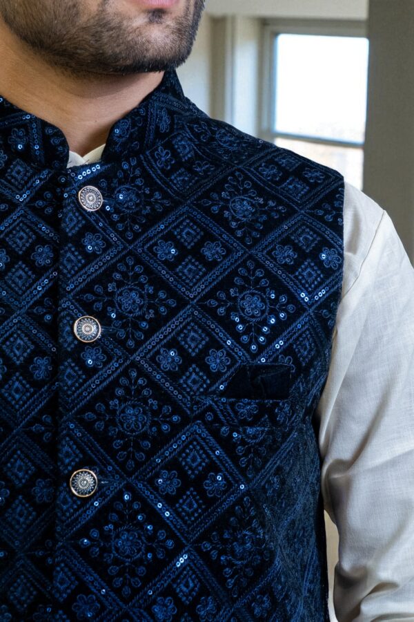 Men’s Navy Velvet Nehru Jacket with Sequin Embroidery – Elegant & Stylish - Image 4