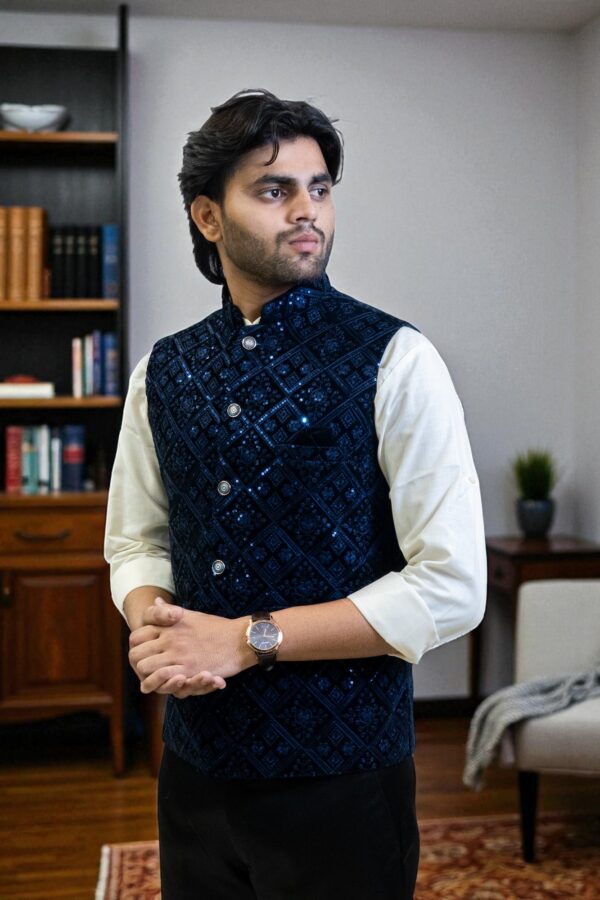 Men’s Navy Velvet Nehru Jacket with Sequin Embroidery – Elegant & Stylish