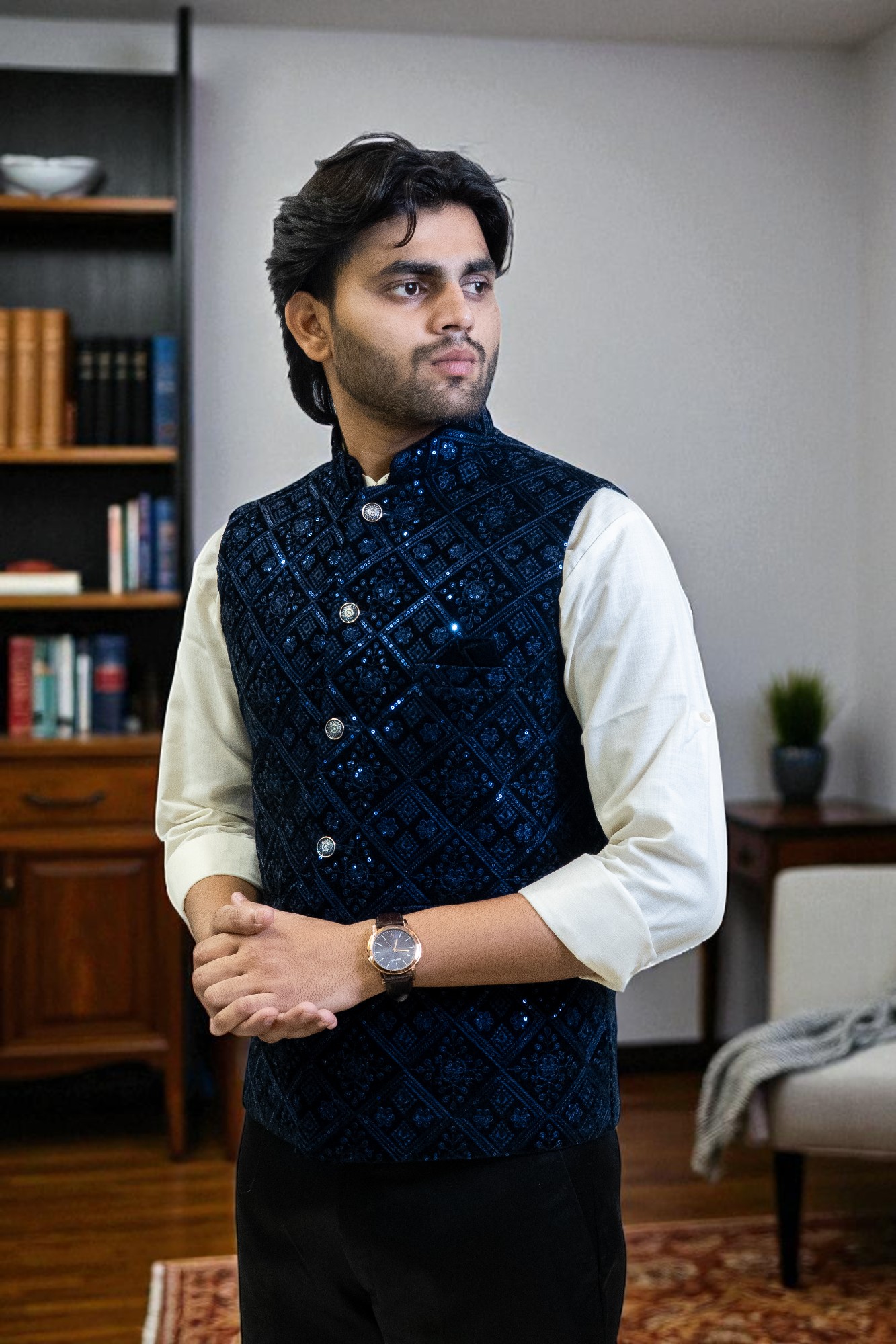Men’s Navy Velvet Nehru Jacket with Sequin Embroidery – Elegant & Stylish
