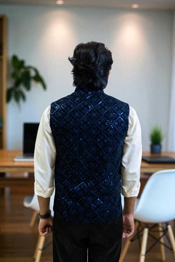 Men’s Navy Velvet Nehru Jacket with Sequin Embroidery – Elegant & Stylish - Image 5