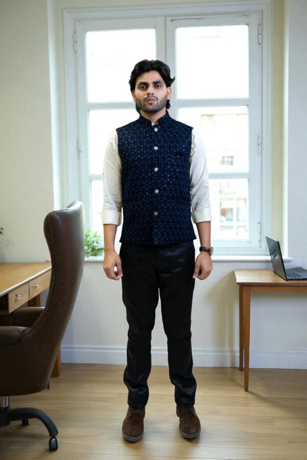Men’s Navy Blue Jacquard Nehru Jacket – Stylish & Elegant - Image 2